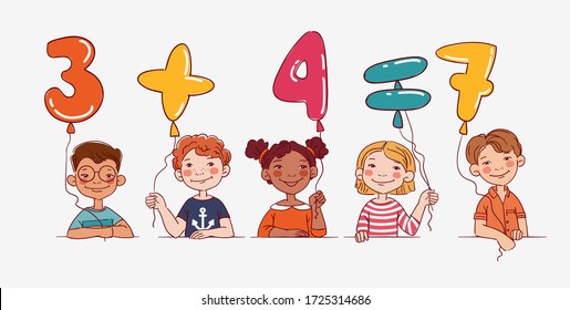 Funny kids with number balloons. Vector cute boys and girls collection. Multi-ethnic group of happy children. Different cartoon faces icons