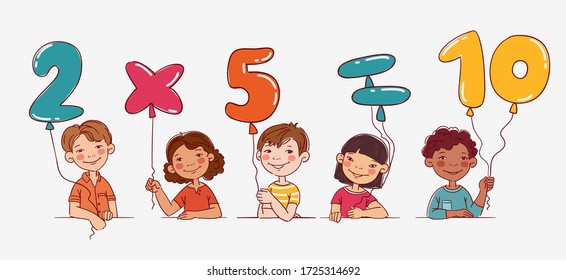 Funny kids with number balloons. Vector cute boys and girls collection. Multi-ethnic group of happy children. Different cartoon faces icons