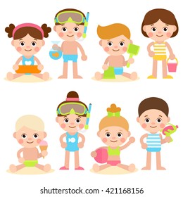 Funny kids on the beach. Boys and girls at the sea. Baby characters in a flat style.