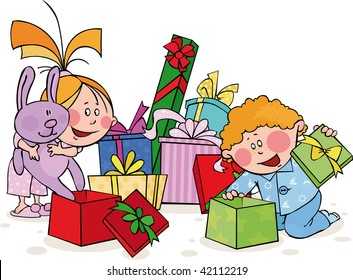 kids opening christmas presents clipart