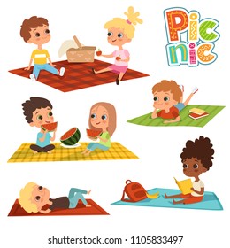 Funny Kids In Park. Picnic Concept Vector Pictures. Summer Rest, Girl And Boy Outdoor. Vector Illustration