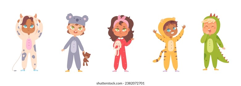 Funny kids party in pajamas kigurumi vector illustration set. Cartoon isolated girls and boys in carnival overalls for sleepover, collection of young characters dancing, holding toys and pillow.