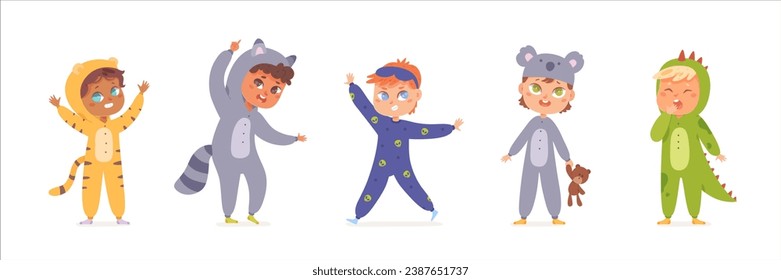 Funny kids party in pajamas kigurumi vector illustration set. Cartoon isolated girls and boys in carnival overalls for sleepover, collection of young characters dancing, holding toys and pillow.