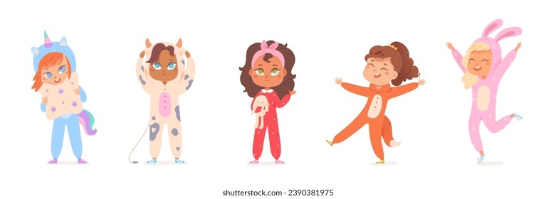 Funny kids party in pajamas kigurumi vector illustration set. Cartoon isolated girls and boys in carnival overalls for sleepover, collection of young characters dancing, holding toys and pillow.