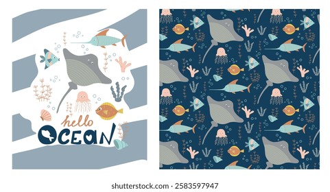 Funny kids pattern with stingray and fish, children s print. Seamless background with sea animals, cute vector texture for baby bedding, fabric, wallpaper, wrapping paper, textile, t-shirt print