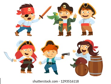 Funny funny kids in pirate costumes. A set of different pirates in cartoon style