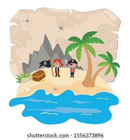 Funny kids pirate with sword and flag. Island treasure hunt. Cartoon children characters. Cute preschoolers dressed in pirate costume. Old map on background. Flat vector illustration