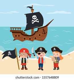 Funny kids pirates. Cartoon children characters. Cute preschoolers dressed in pirate costumes. Humans on tropical beach. Wooden pirate ship on background. Flat vector illustration