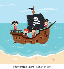 Funny kids pirates on a pirate ship. Cartoon wooden boat. Ocean view. Old galleon with group of children. Flat vector illustration