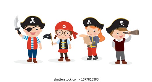 Funny kids pirates in various poses. Cartoon children characters. Cute preschoolers dressed in pirate costumes. Little humans  isolated on white background. Flat vector illustration