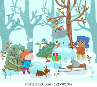 Funny kids play with snow in the forest, snowman, dog and hare, cute illustration for design on Christmas or New Years Eve