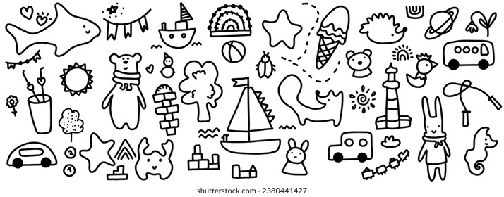 Funny kids playground.Children's draw in doodle style.Cute daycare hand drawn flower, toy,rainbow, animal elements.  Hand drawn vector illustration on white background. 