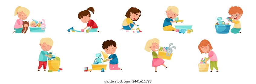 Funny Kids Playing with Different Toys in Playroom Vector Set