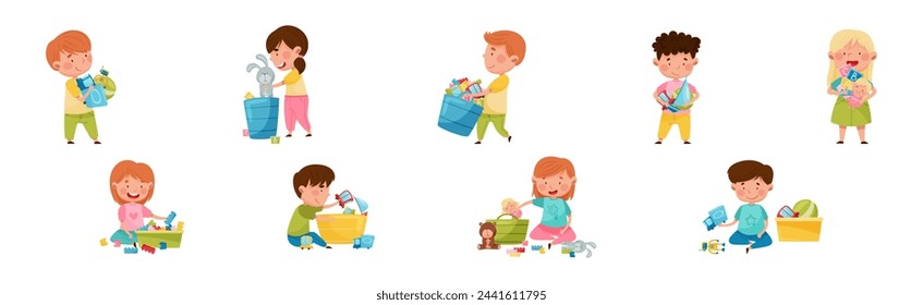 Funny Kids Playing with Different Toys in Playroom Vector Set