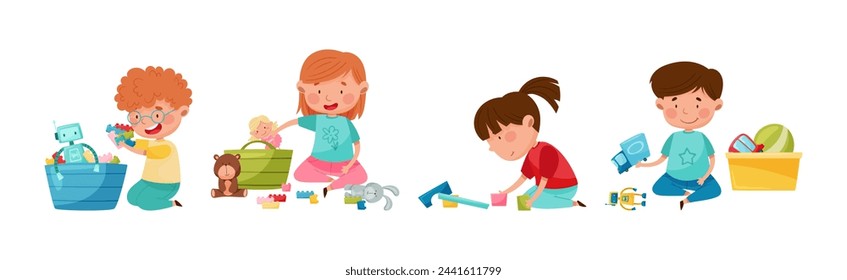 Funny Kids Playing with Different Toys in Playroom Vector Set