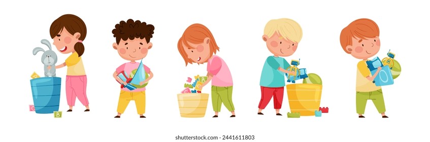 Funny Kids Playing with Different Toys in Playroom Vector Set