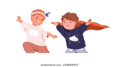 Funny kids playing Indians. Happy joyful little children running, having fun. Preschool boys friends, toddlers during game, activity, amusement. Flat vector illustration isolated on white background