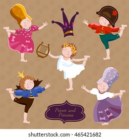 Funny kids playing prince and princess children's theater cartoon vector 