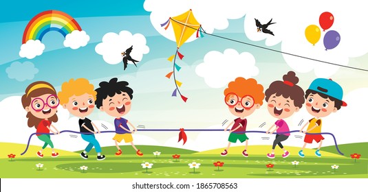 Funny Kids Playing Pulling Rope