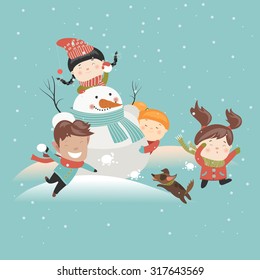 Funny kids playing snowball fight. Vector illustration