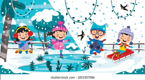 Funny Kids Playing At Winter