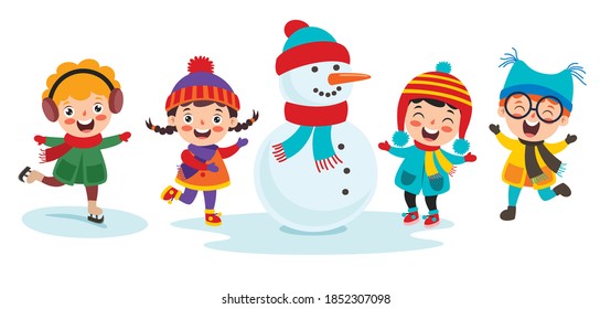 Funny Kids Playing At Winter