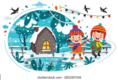 Funny Kids Playing At Winter