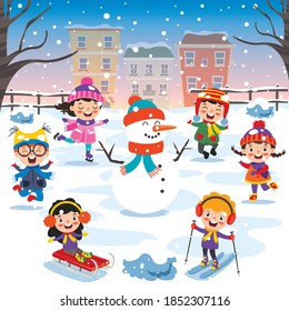Funny Kids Playing At Winter