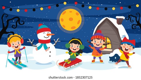 Funny Kids Playing At Winter