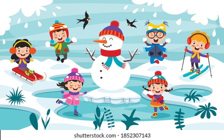 Funny Kids Playing At Winter