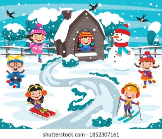 Funny Kids Playing At Winter