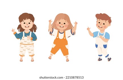 Funny Kids Pointing at Something with Extending Hand and Index Finger Vector Set