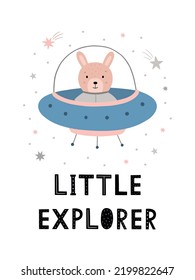 Funny kid's poster. Cute rabbit in a flying saucer. Hand-drawn lettering. Vector space illustration