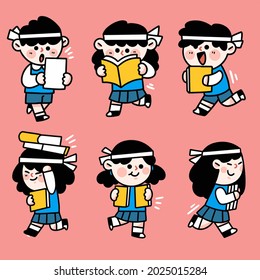Funny Kids Preparing For Exam Characters Doodle Illustration Set