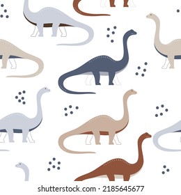 Funny kids print with colorful dinosaur Diplodocus. Seamless pattern with cute wild vector animal for baby party 