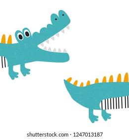 Funny Kids Print With Crocodile. Vector Hand Drawn Illustration.