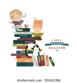 Funny kids reading books. Vector isolated illustration