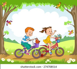 Funny kids ride bikes along the forest summer day.