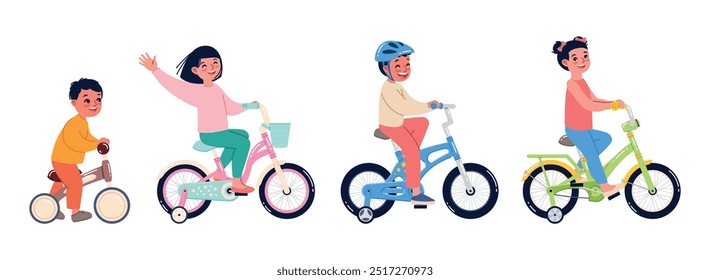 Funny kids riding bicycles. Cute smiling girls and boys on childish color bikes, happy little cyclists, active sports games, children on transport, cartoon flat style isolated vector set