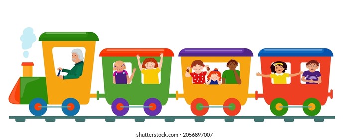 Funny kids are riding in a colored train. Cartoon characters. Vector illustration.