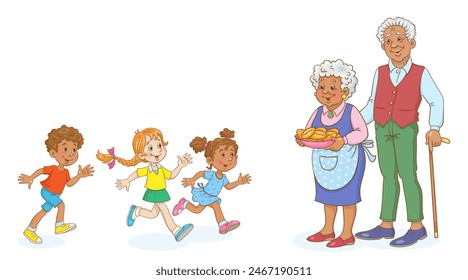 Funny kids run to their grandparents. Grandmother with a pies in her hands. In cartoon style. Isolated on white background. Vector illustration.