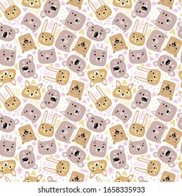 Funny kids seamless pattern with animal faces. Cute childish print. Vector hand drawn illustration.