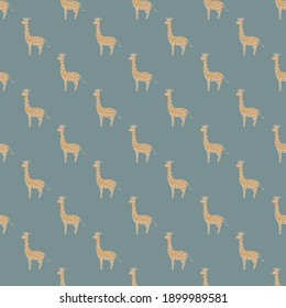 Funny kids seamless pattern with cartoon simple beige giraffe silhouettes. Pale blue background. Vector illustration for seasonal textile prints, fabric, banners, backdrops and wallpapers.