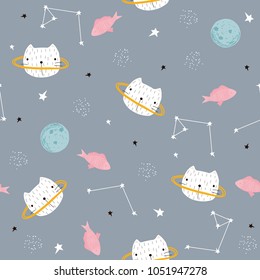 Funny kids seamless pattern with cat and fish in open space. Vector hand drawn illustration.