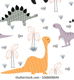 Funny kids seamless pattern with dinosaur. Vector hand drawn illustration.
