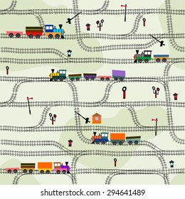 Funny kids seamless pattern railway with locomotives, wagons, semaphores. turnpikes. Can be used for wallpaper, pattern fills, web page background, surface textures. Easy editable vector.