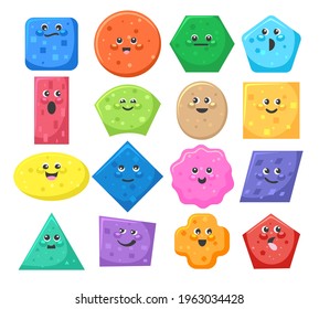 Funny kids shapes objects. Cartoon cute learning object set with cute faces for kindergarten education characters icons, rhombus triangle square and cross geometric vocabulary signs