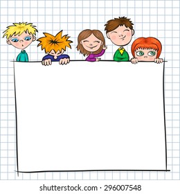 funny kids with sheet of paper - background vector illustration