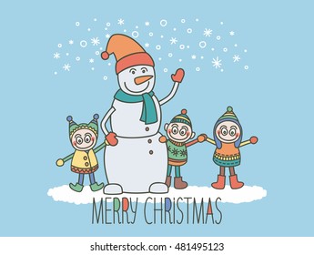 Funny kids with a snowman standing and waving their hands. Christmas winter illustration with inscription