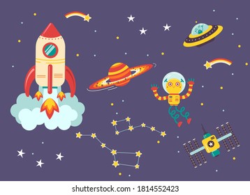 Funny kids space transport set. Spaceship, UFO, space station and space robot cartoon vector illustration isolated on dark background